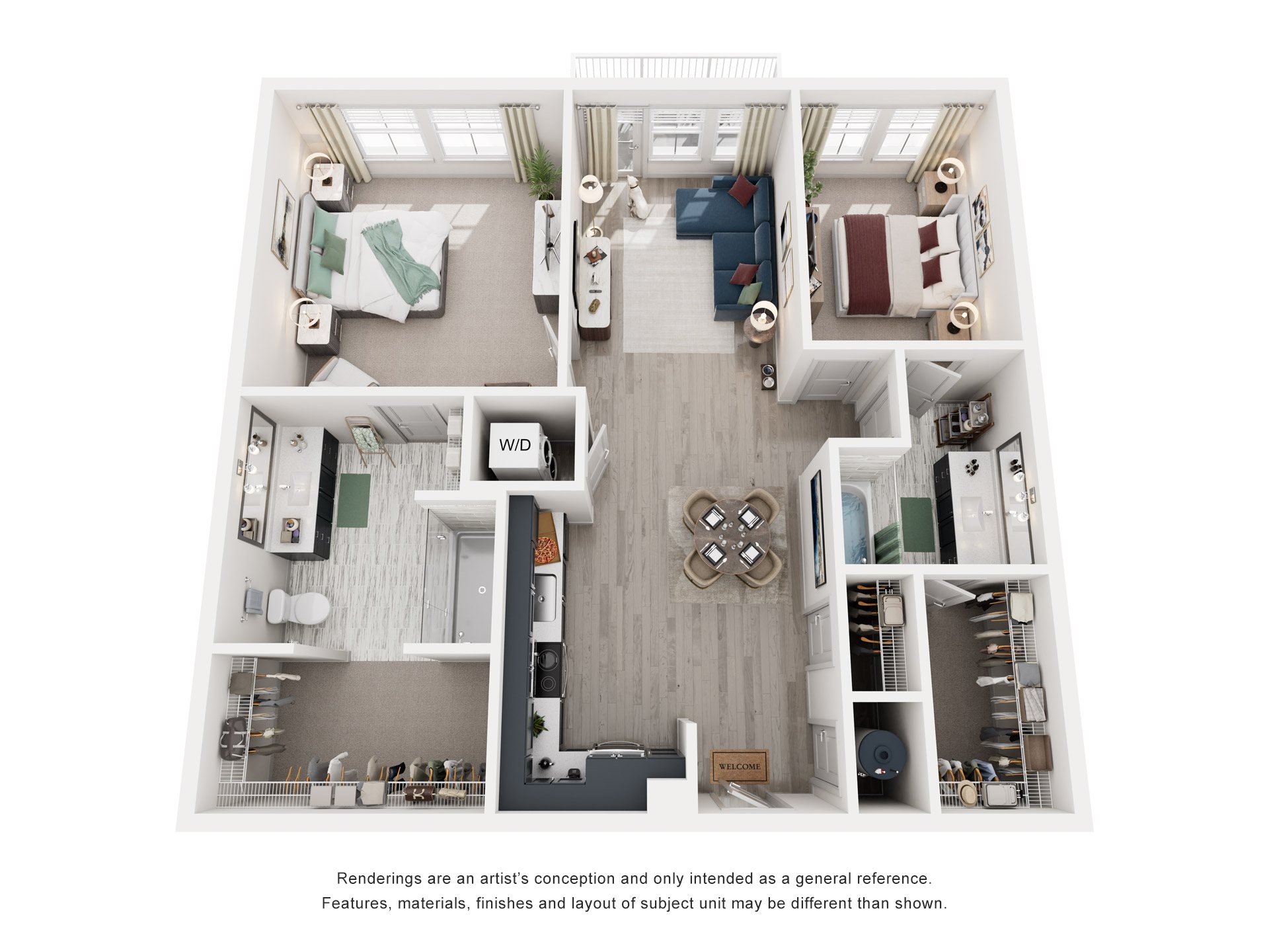 Floor plan for 2 beds, 2 baths, 1095 sqft